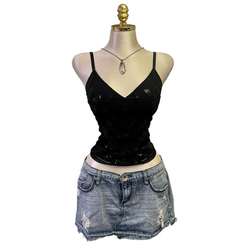 Y2K Vintage Black Sequin V-Neck Top [M]