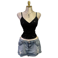 Y2K Vintage Black Sequin V-Neck Top [M]