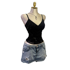 Y2K Vintage Black Sequin V-Neck Top [M]