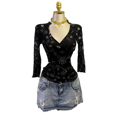 Y2K Vintage Desigual Red Black Beaded Sequin Asymmetrical Neck Top [S]