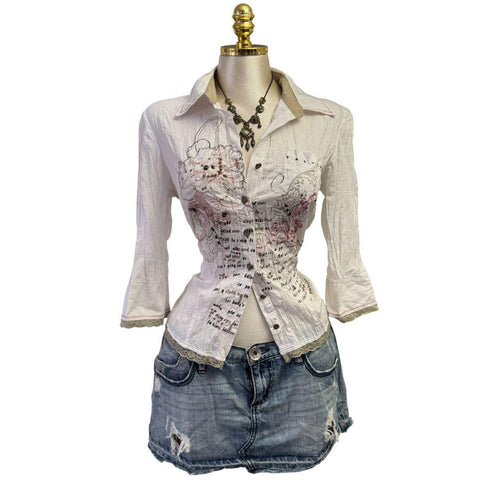 Y2K Vintage White Pink Floral Sequin Lace Trim Top  [M]