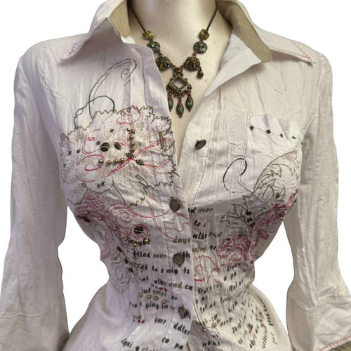 Y2K Vintage White Pink Floral Sequin Lace Trim Top  [M]