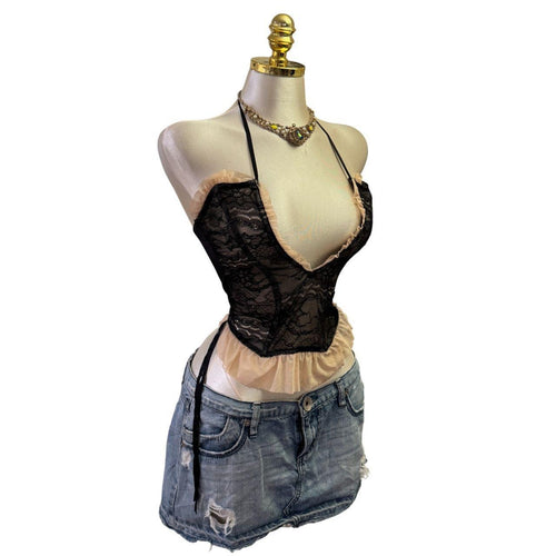 90s Vintage Black Peach Mesh Corset Top  [XS]
