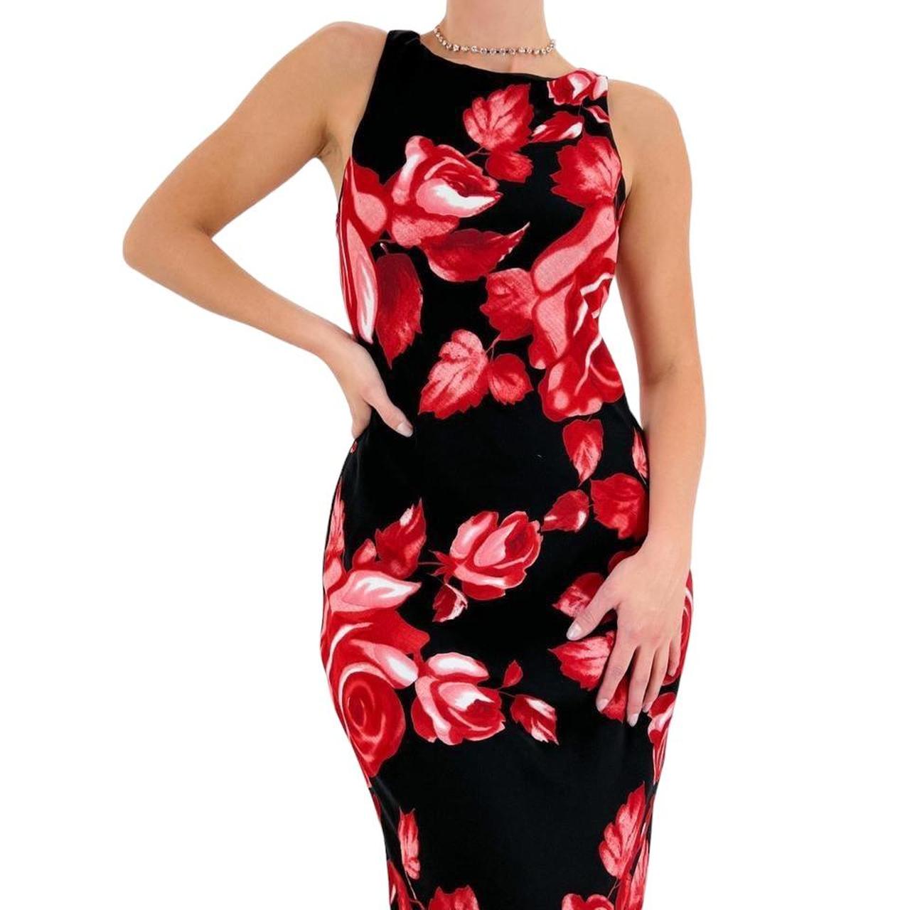 90s Vintage Black + Red Floral Print Chiffon Formal Maxi Dress [S]