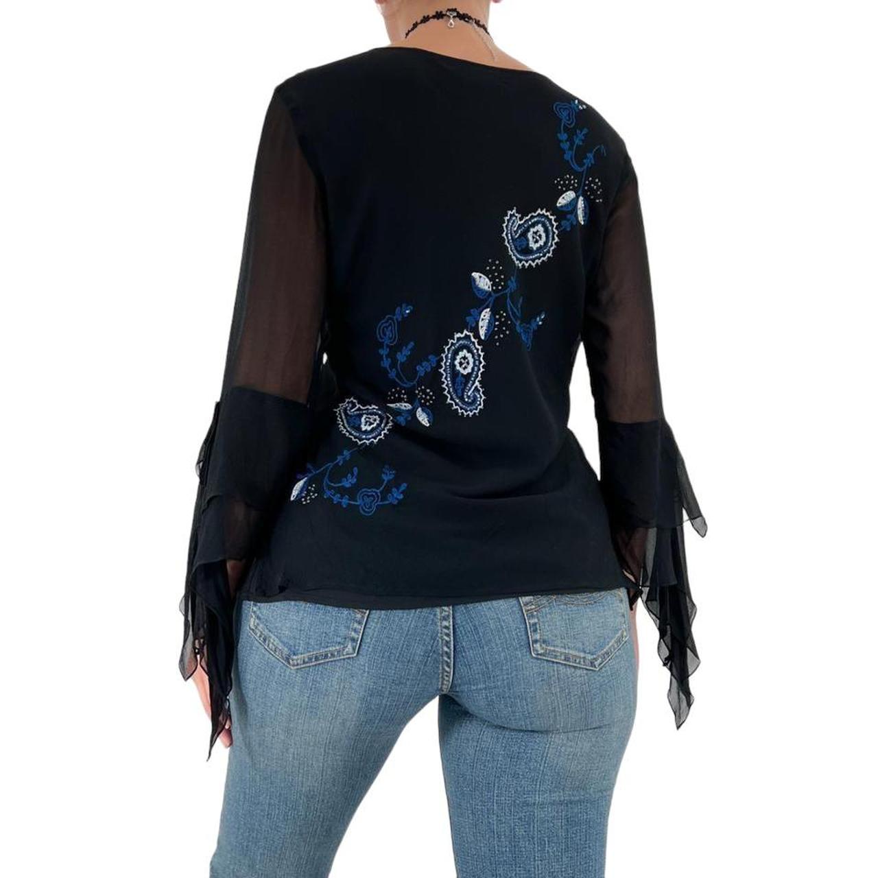 Y2k Vintage Black + Blue floral Embroidered Top w/ Sheer Butterfly Sleeves [S]