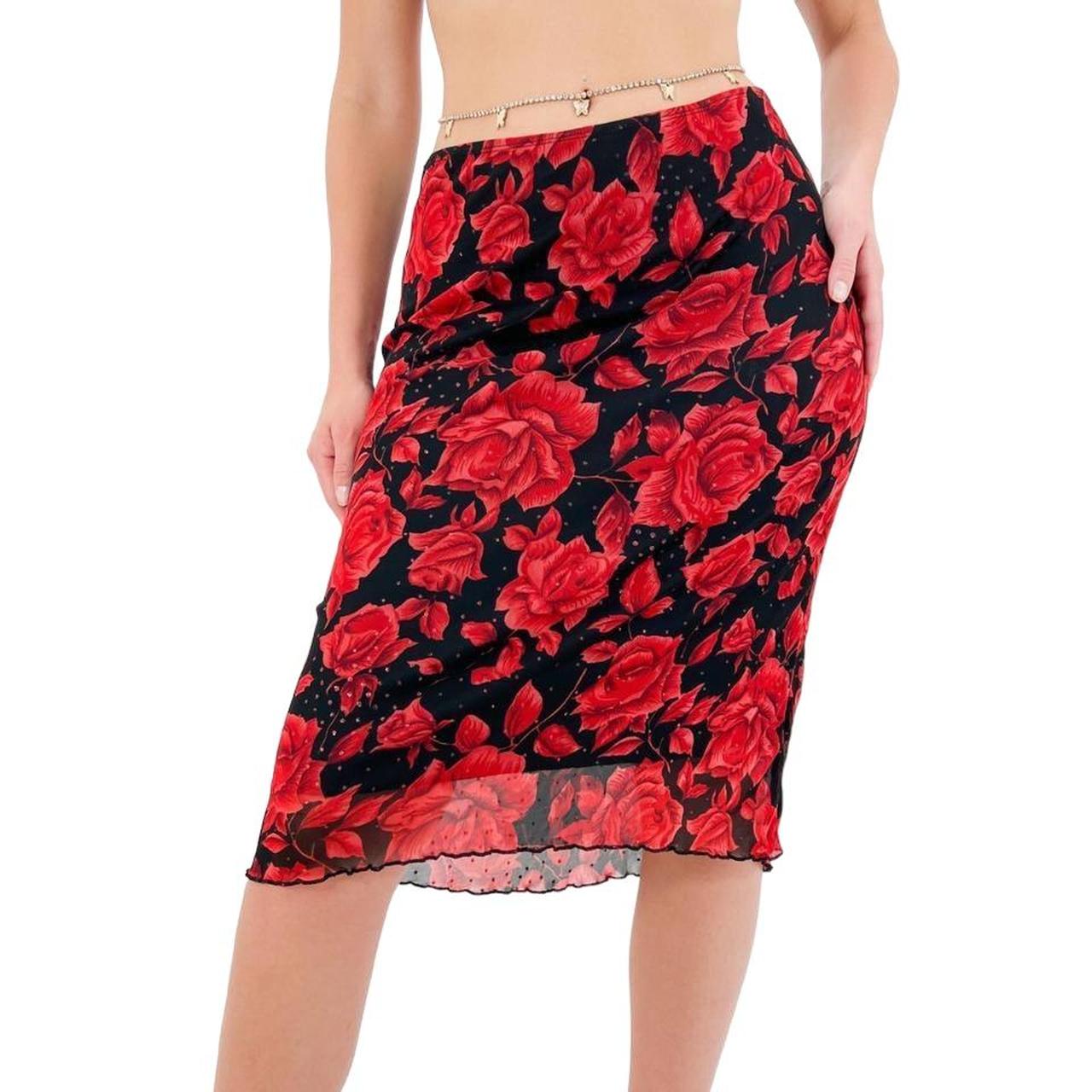 Y2k Vintage Black + Red Rose Floral Print Low-Rise Stretchy Skirt w/ Glitter Details [M]