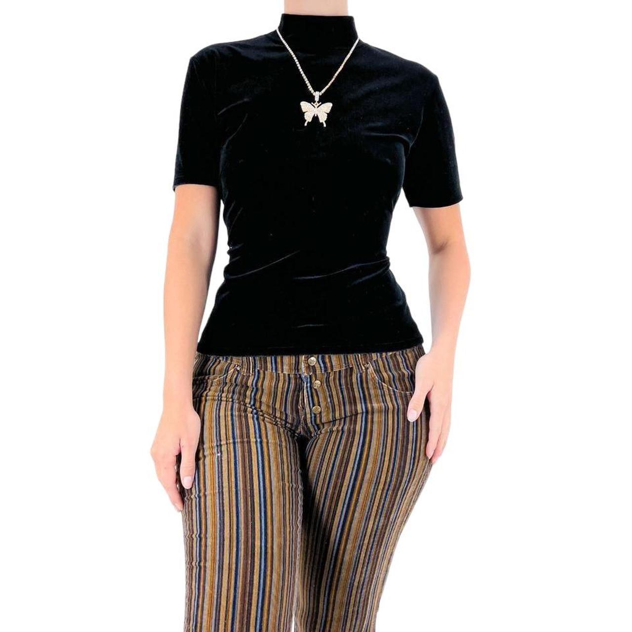 90s Vintage Black Velvet Short Sleeve Turtleneck Top [L]