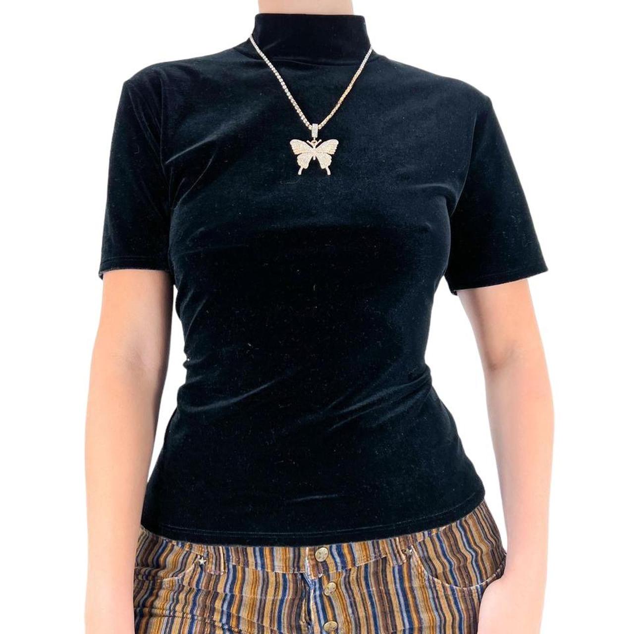 90s Vintage Black Velvet Short Sleeve Turtleneck Top [L]