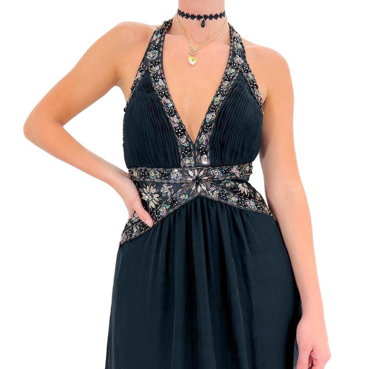 Sue Wong Designer Vintage Black V-Neck Silk Maxi Dress w/ Pink + Blue Floral Sequin Trim [S]