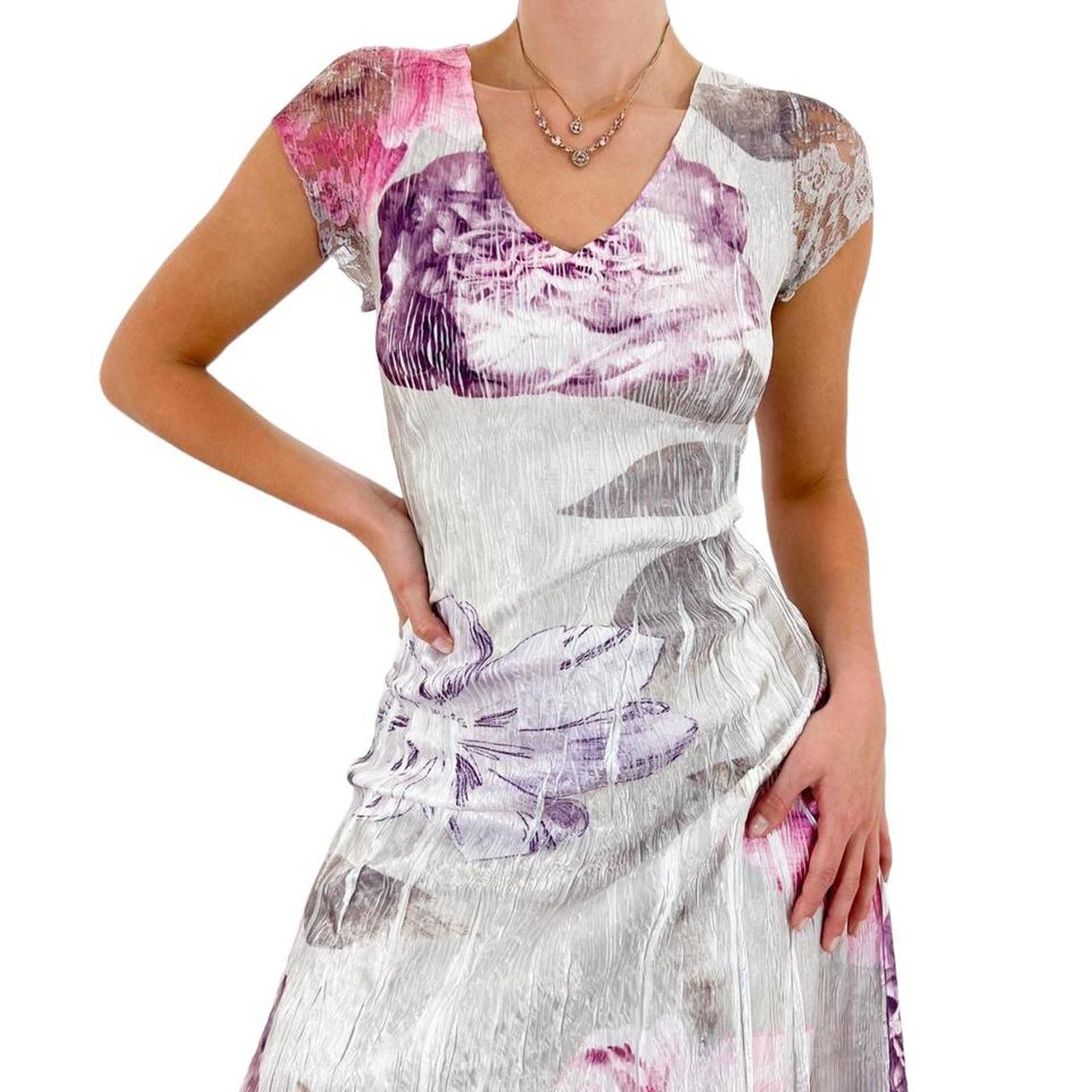 Komarov Designer Silver + Purple Floral Print Short Sleeve Dress [L]