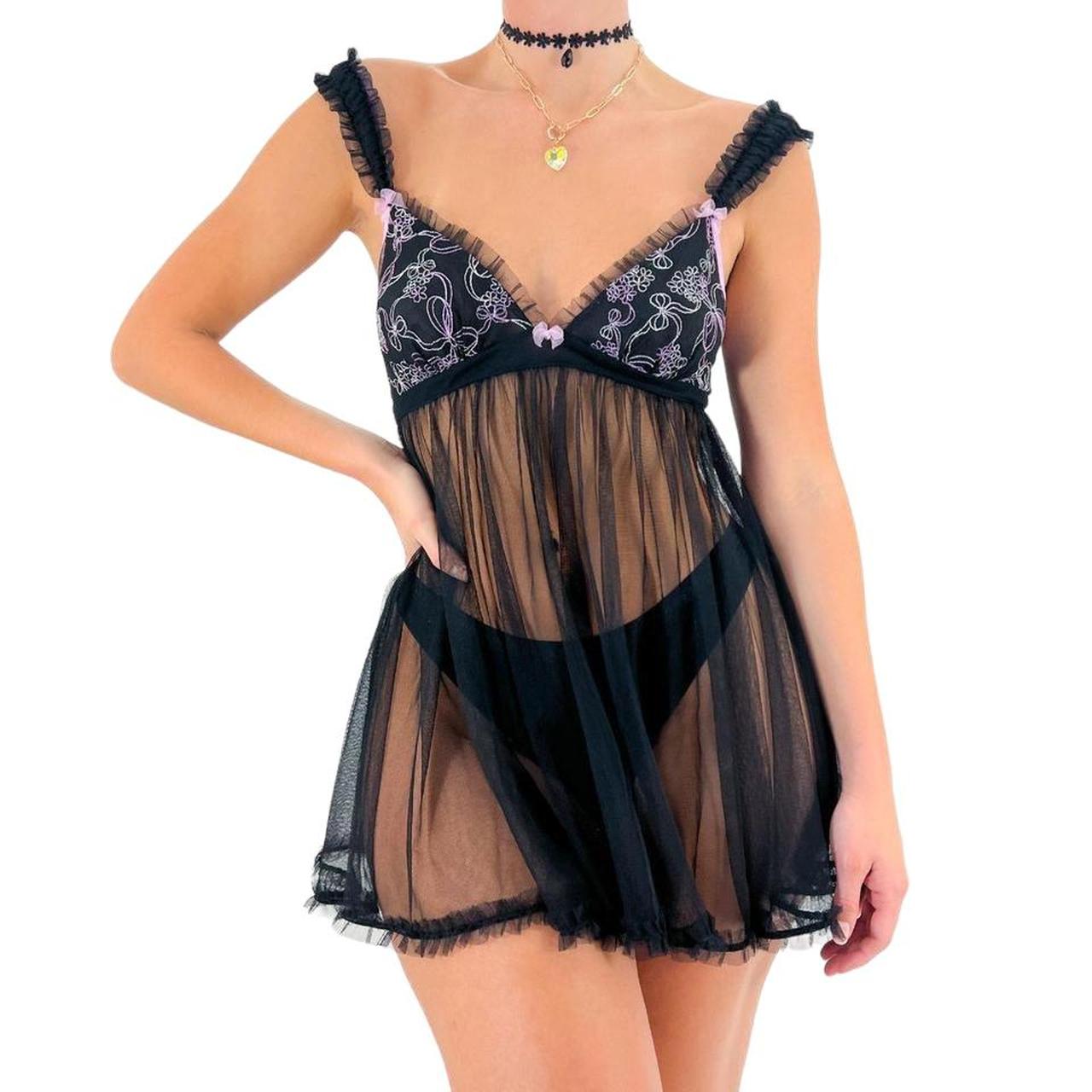 Y2k Vintage Betsey Johnson Black Mesh Slip Dress w/ Pink Bow Embroidery W/ Ruffle Straps + lace Up Back [M]