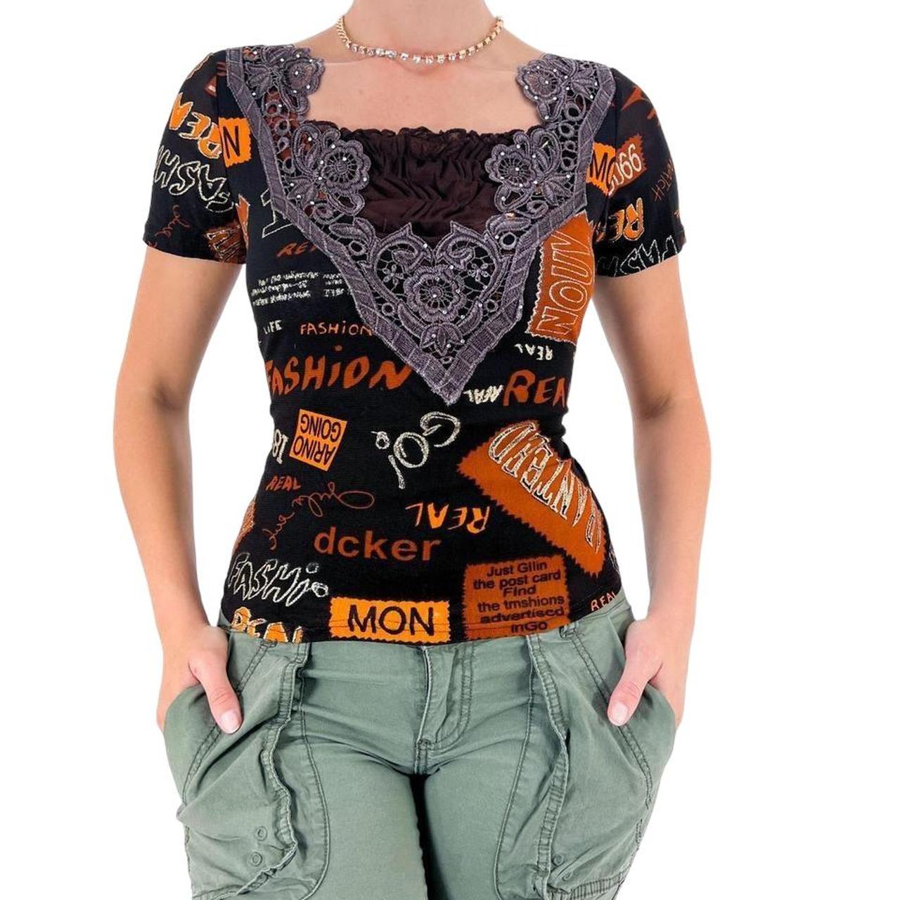 Y2k Vintage Brown + Orange Graphic Print Top w/ Lace Sequin Details [S]