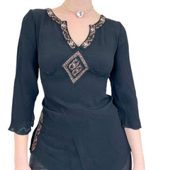 Y2k Vintage Black + Beige Floral Lace V-Neck Top w/ Sequin Details [M]