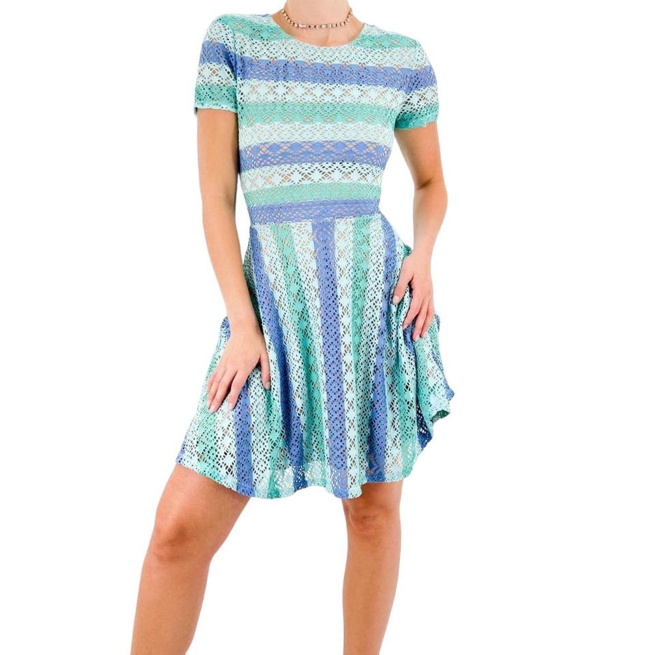 Bcbg Max Azria Designer Blue + Green Lace Short Sleeve Dress [S]