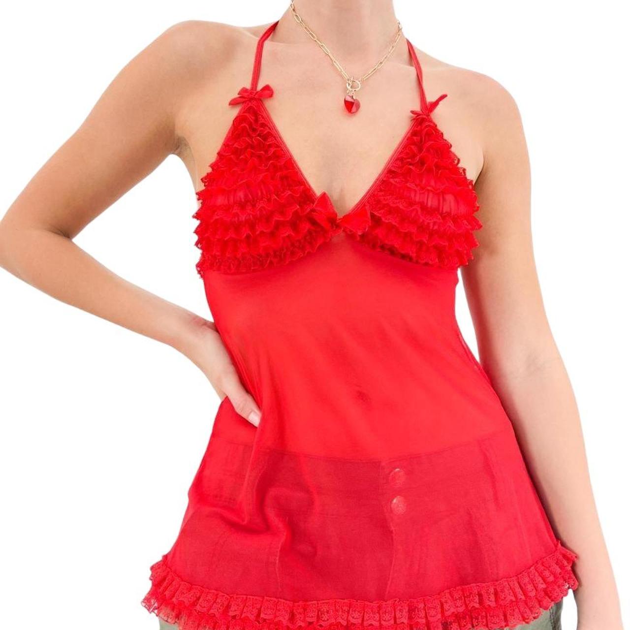Y2k Vintage Red Mesh Halter Top w/ Floral Lace Ruffle Layers [S]