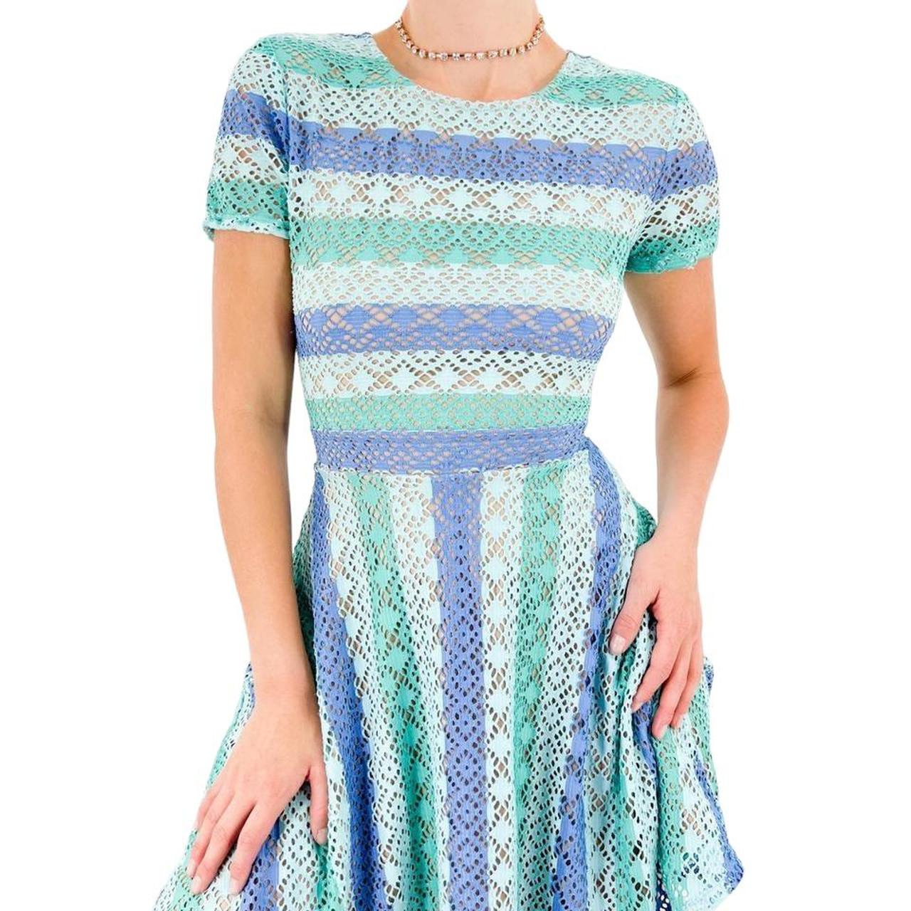 Bcbg Max Azria Designer Blue + Green Lace Short Sleeve Dress [S]