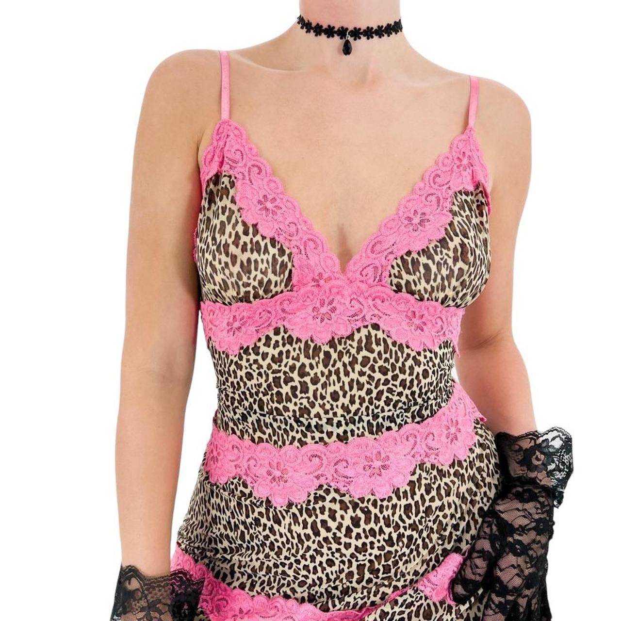 Y2k Vintage Cheetah Print V-Neck Slip Dress w/ Pink Floral Lace Trim [M]