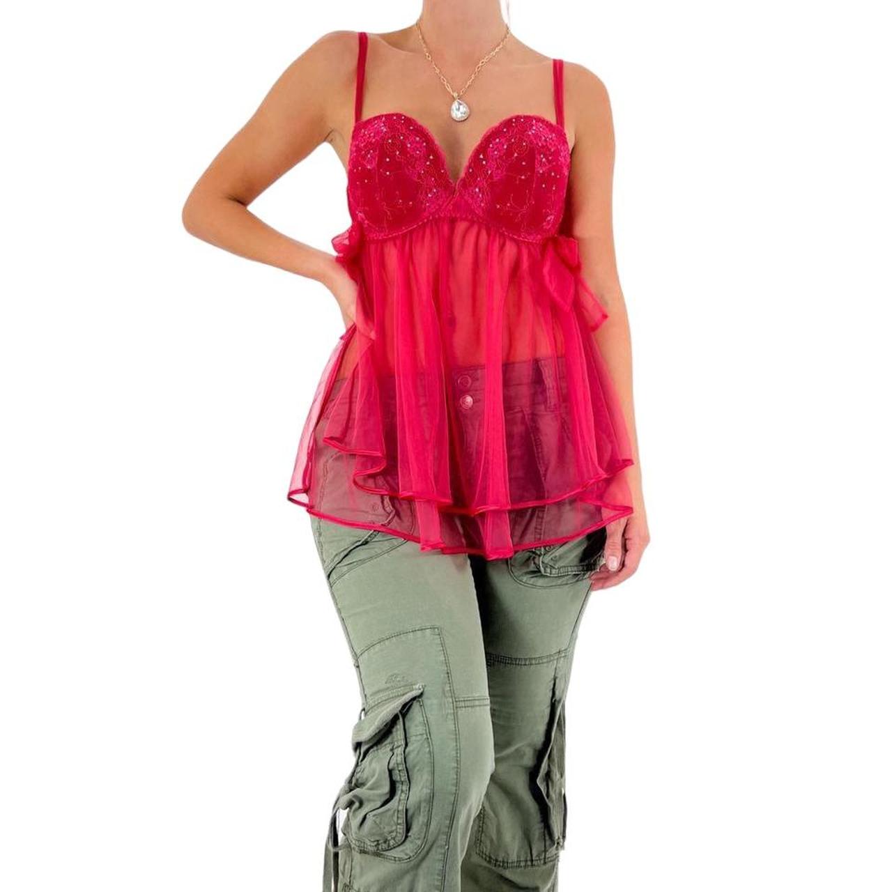 Y2k Vintage Victoria's Secret Red Sheer Spaghetti Strap Top w/ Floral Lace + Glitter Details [Medium D-Cup]