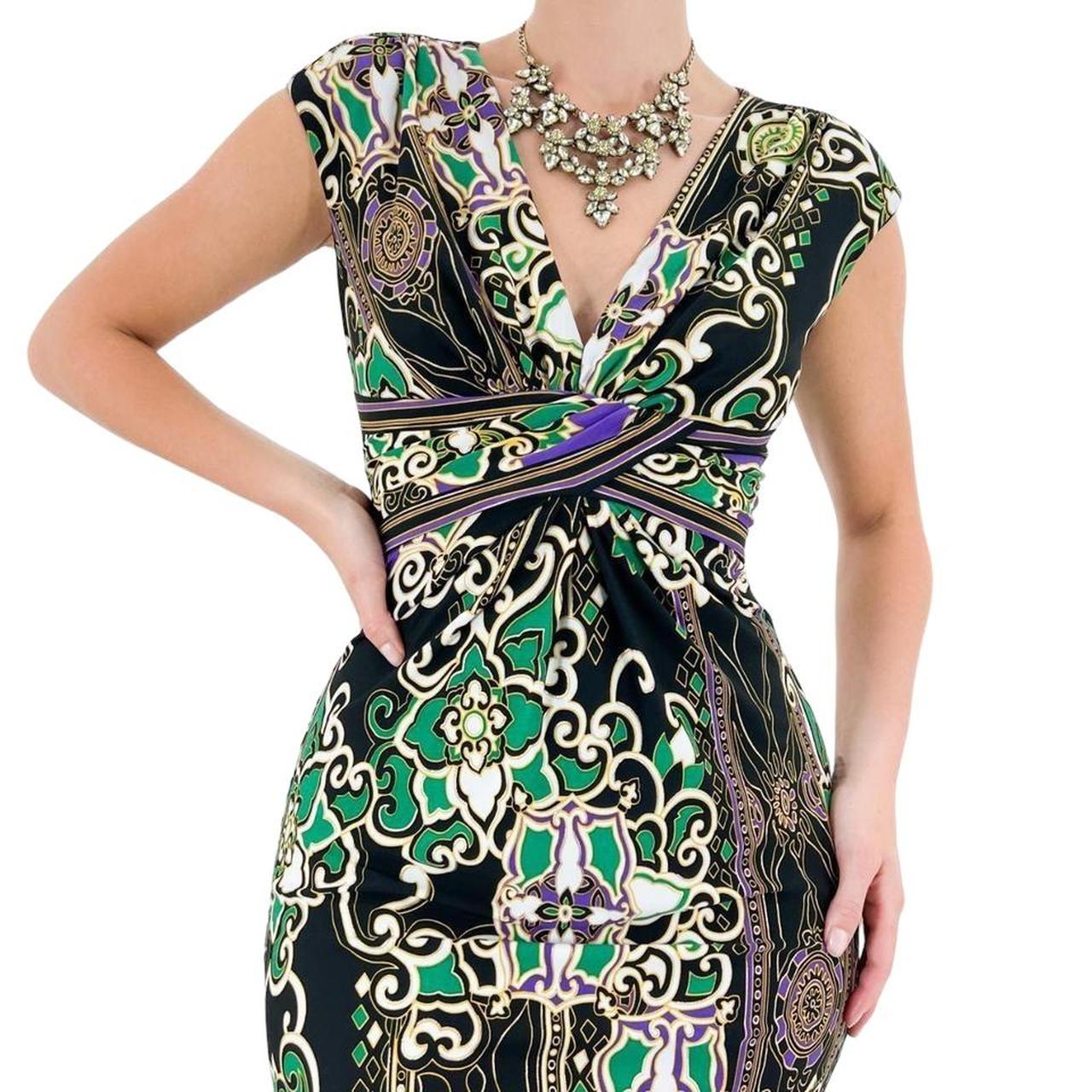 Y2k Cache Designer Vintage Green + Purple Floral Print Bodycon Dress [S]