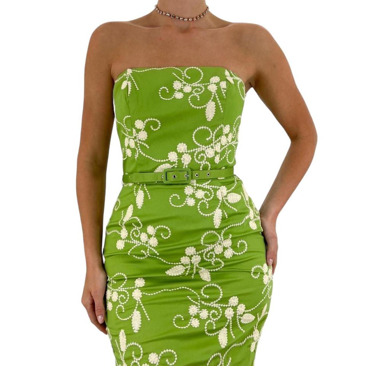 90s Cache Designer Vintage Lime Green + Ivory Floral Embroidered Strapless Dress [M]