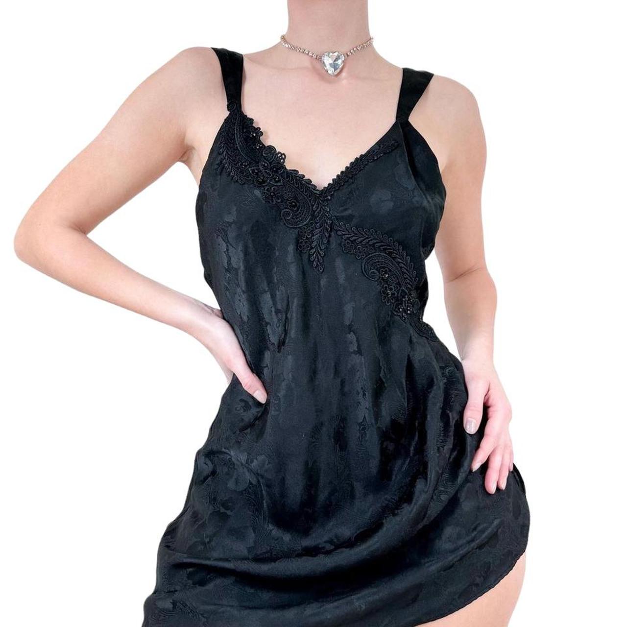90s Vintage Victoria's Secret Gold Label Black Satin Slip Dress w/ Floral Decals + Beads [S]