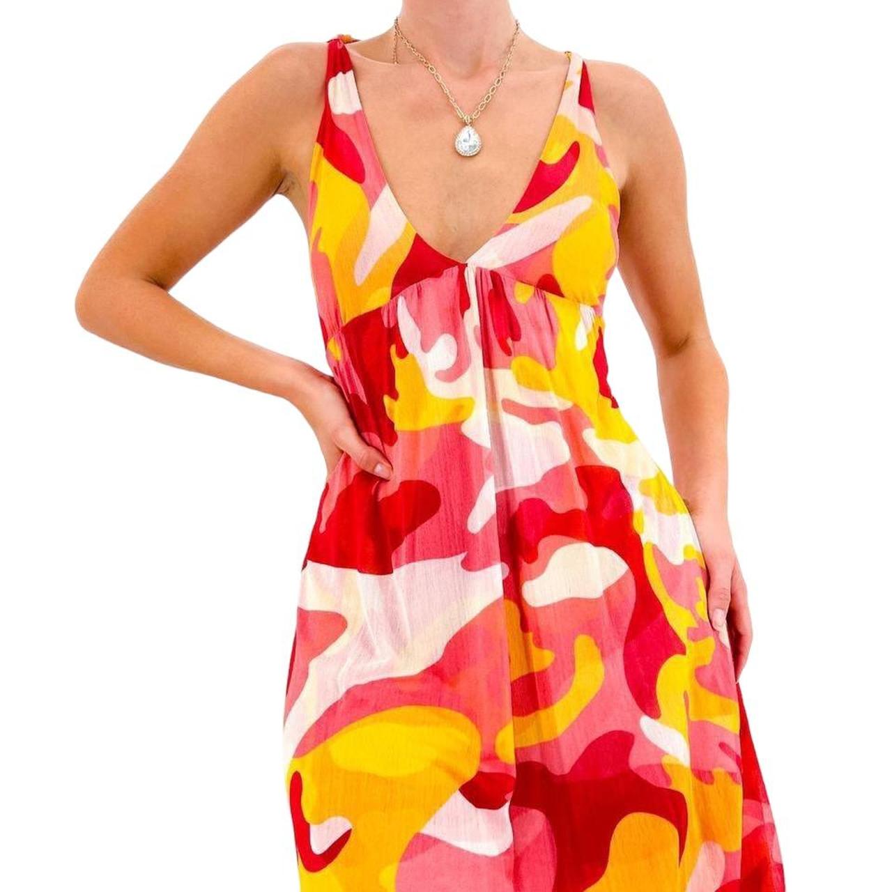 Y2k Diane Von Furstenberg Designer Vintage Pink + Yellow Camo Print V-Neck Dress [S]