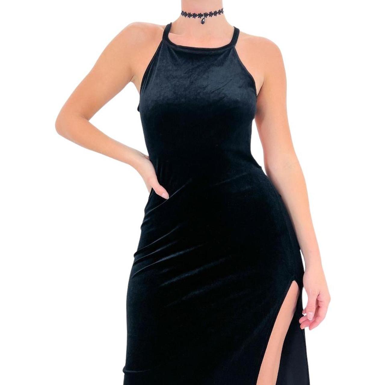 90s Vintage Black Velvet Formal Maxi Slip Dress w/ Front Slit + Criss Cross Open Back [S]