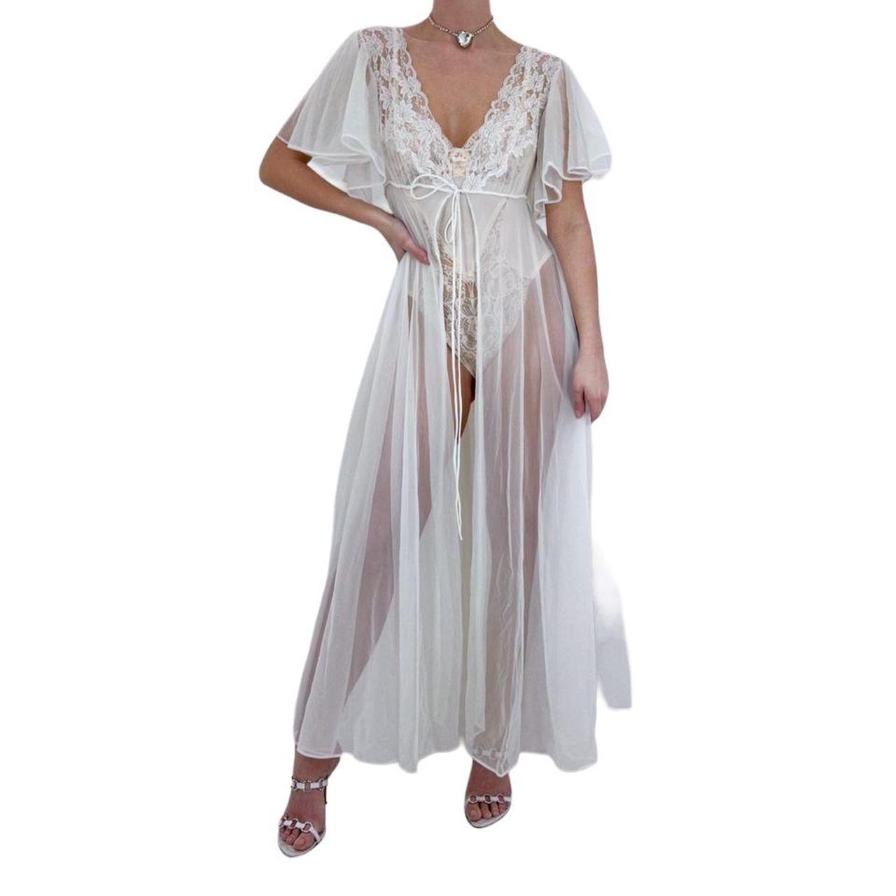60s Vintage Rare White Sheer Long Robe w/ Butterfly Sleeves + Tie Front [S-XL]