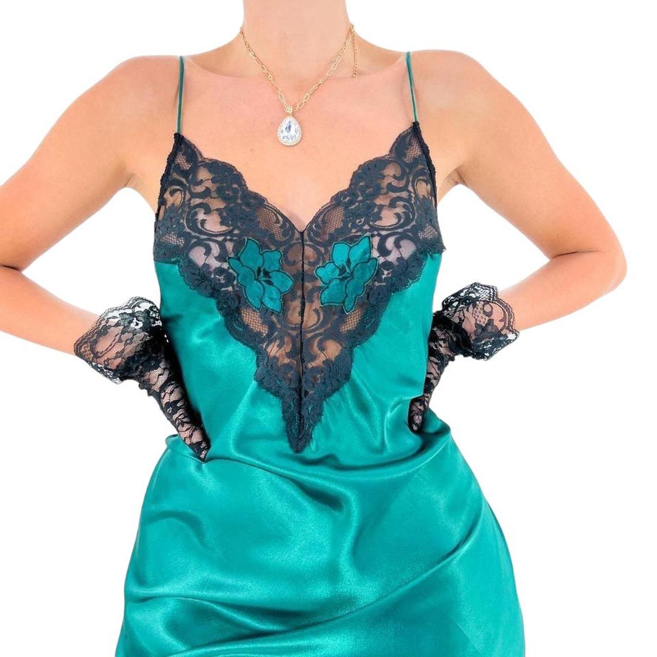 90s Rare Vintage Emerald Green Satin Slip Dress w/ Black Floral Lace Trim [L]