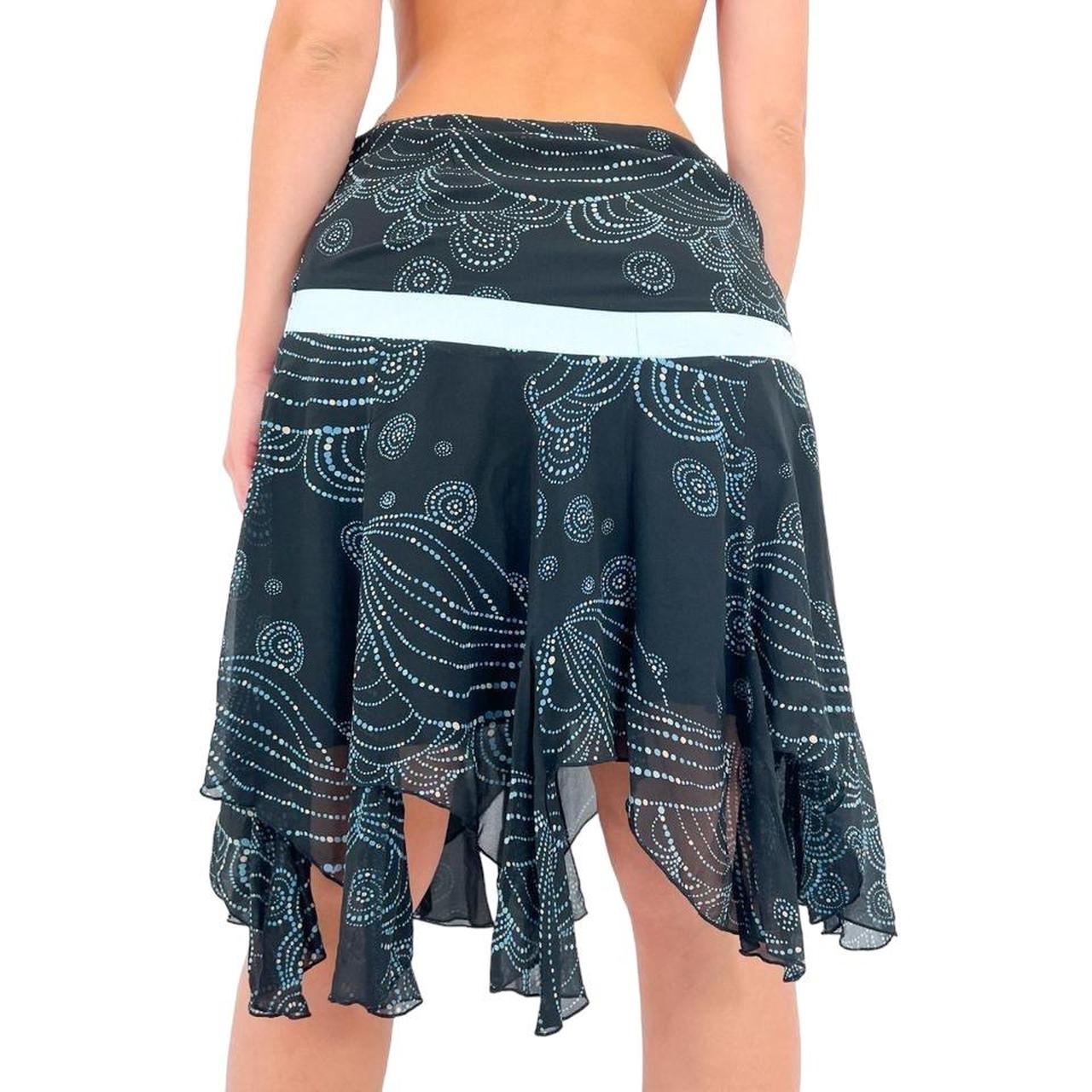 Y2k Vintage Bebe Black + Blue Ribbon Graphic Print Chiffon Skirt [M]