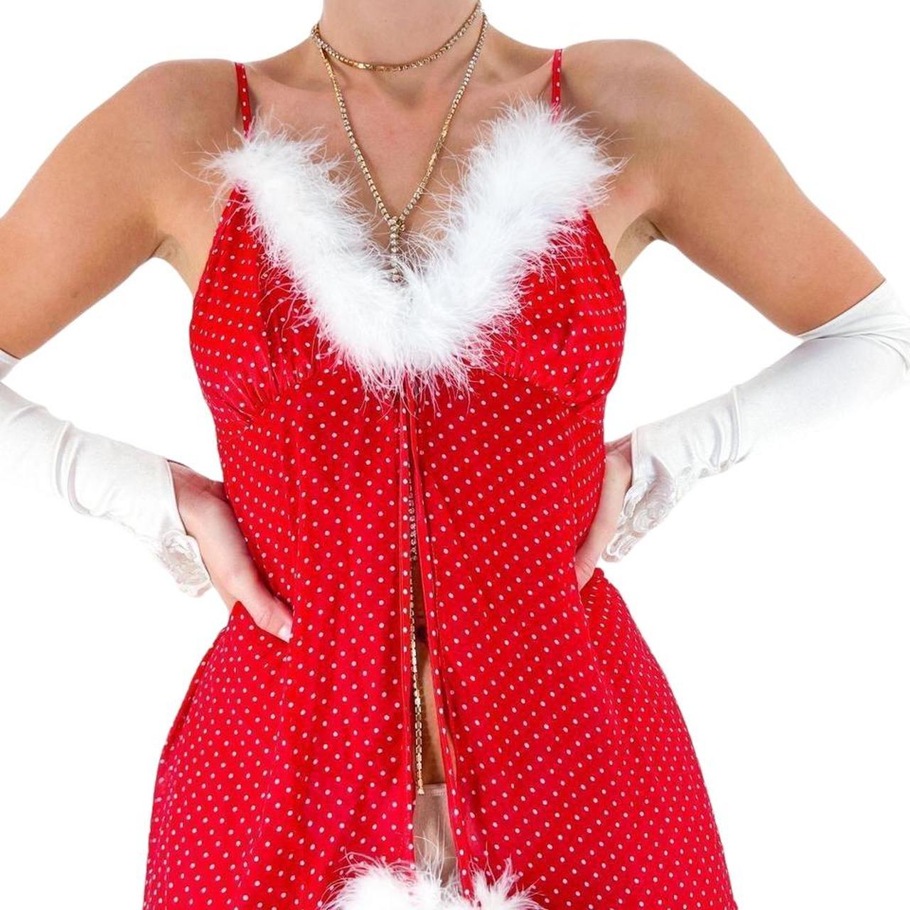 Y2k Vintage Red + White Polka Dot Satin Slip Dress w/ Faux Fur Trim Christmas [M]