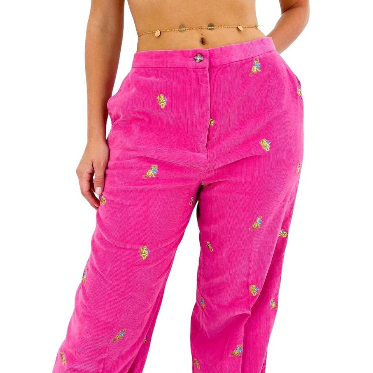 Y2k Vintage Pink Corduroy High-Rise Pocketless Pants w/ Kitten Embroidery [L]