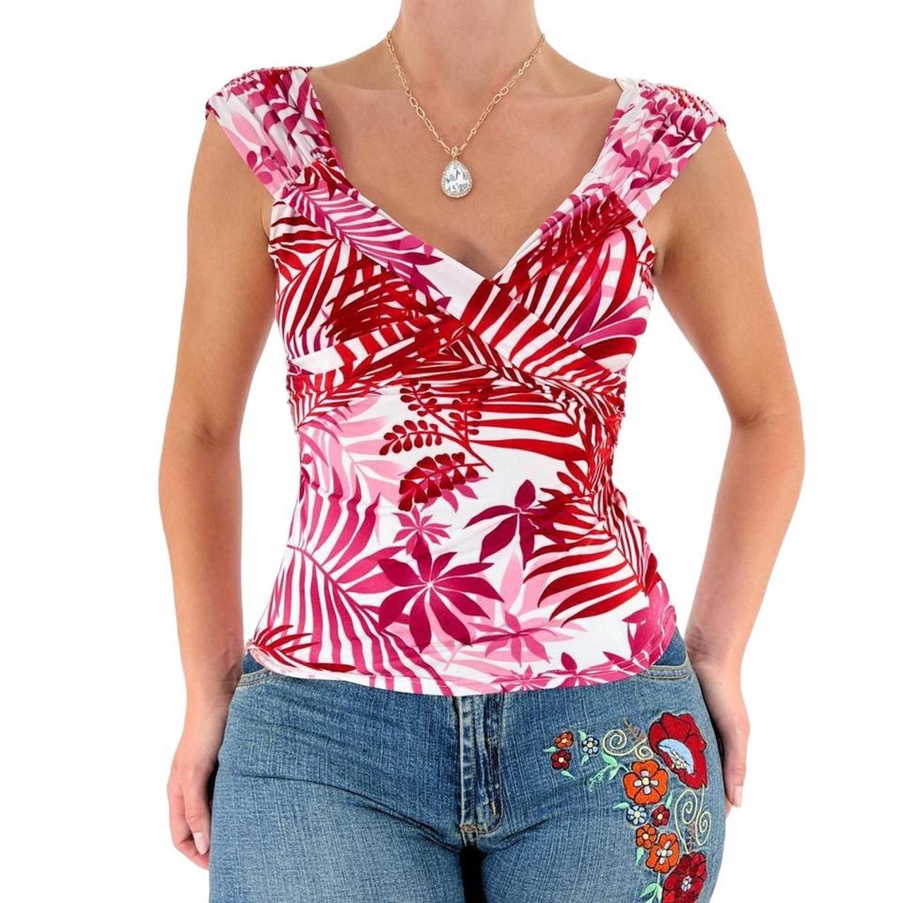 Y2k Vintage Red + Pink Floral Print V-Neck Short Sleeve Top w/ Tie Back [S]