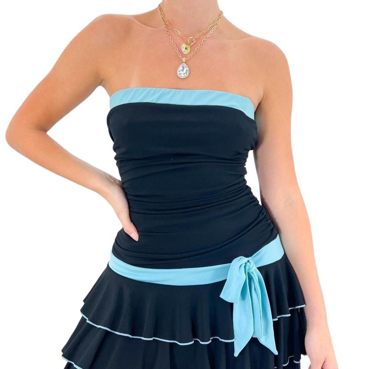 Y2k Vintage Black Strapless Dress w/ Bow Tie + Light Blue Trim + Layered Hem [M]