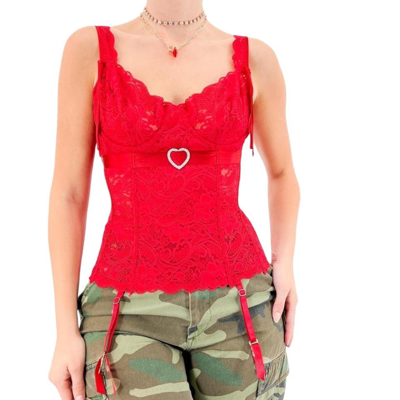 Y2k Vintage Fredericks of Hollywood Red Floral Lace Bustier Top w/ Heart Sequins [S]