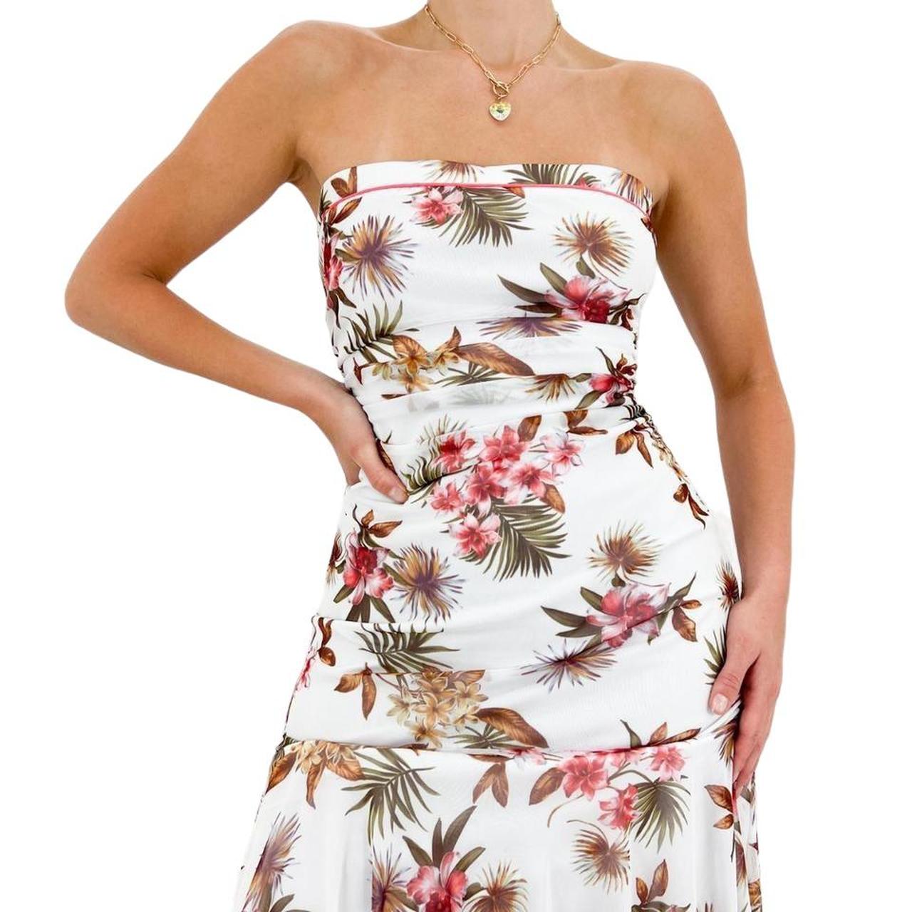 Y2k Vintage White + Red Floral Tropical Print Strapless Dress [M]
