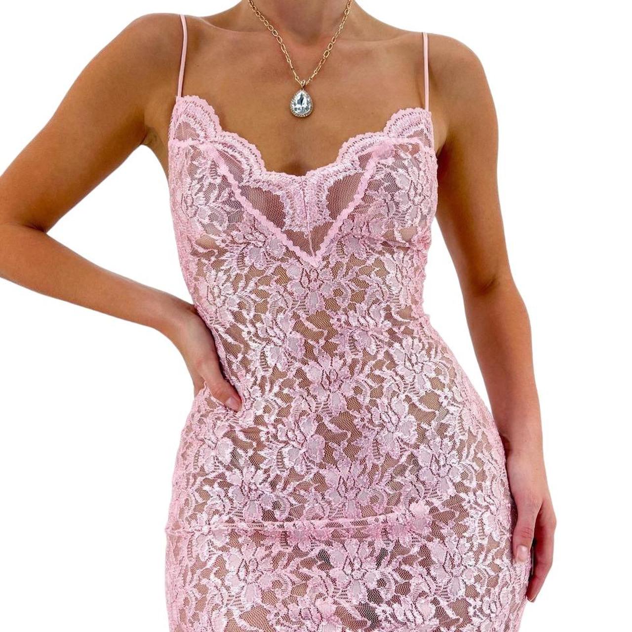 90s Rare Vintage Light Pink Floral Lace Satin Sheer Slip Dress [M]
