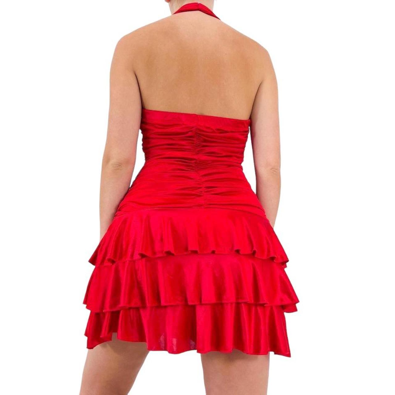 Y2k Vintage Red Satin Ruched Halter Dress w/ Layered Hem + Silver Hardware [M]