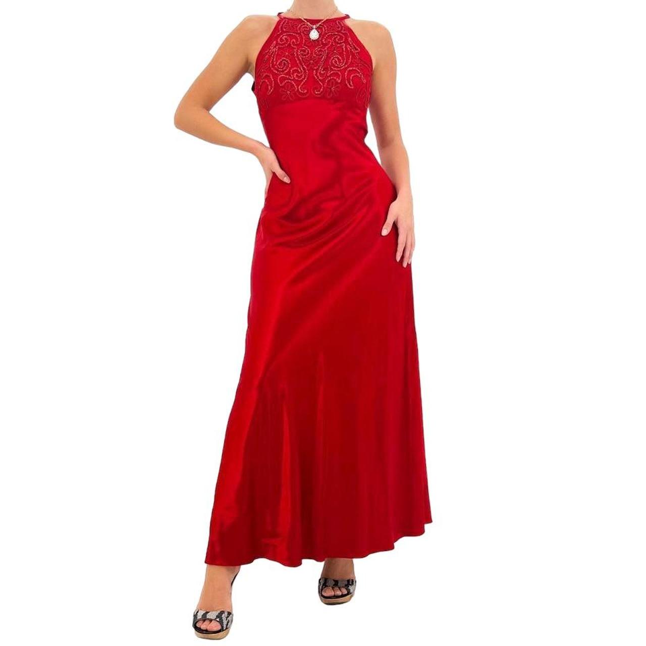 90s Vintage Hot Red Satin Formal Maxi Dress w/ Sequin Details [S]