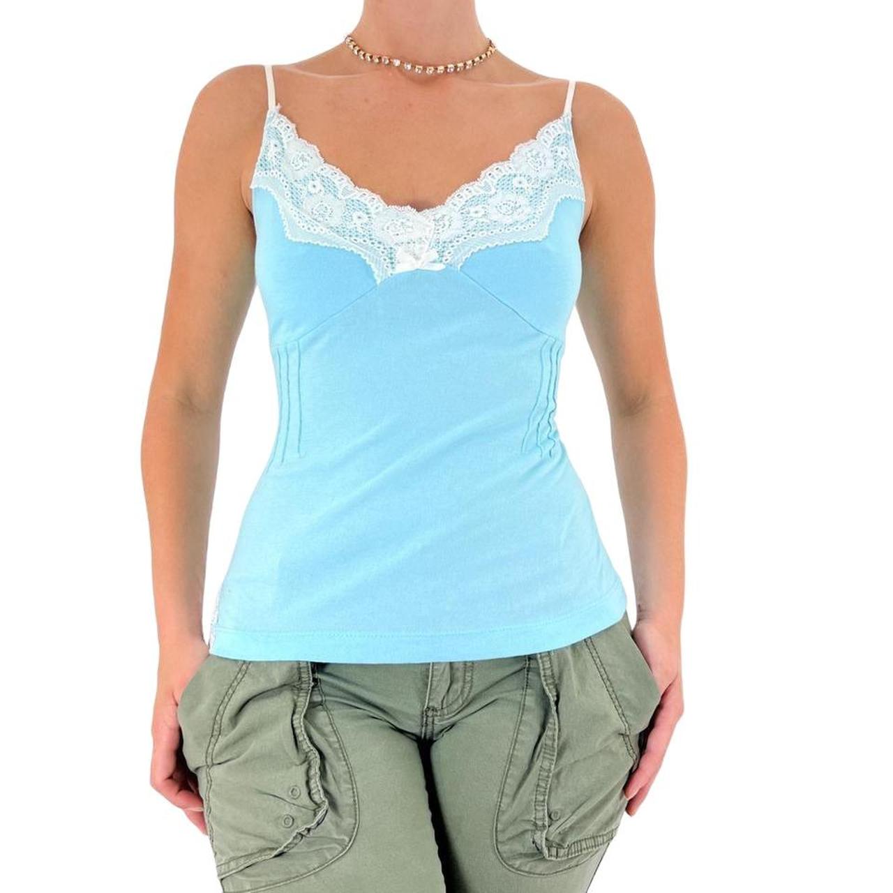 Y2k Vintage Baby Blue Stretchy Tank Top w/ White Floral Lace Trim [S]