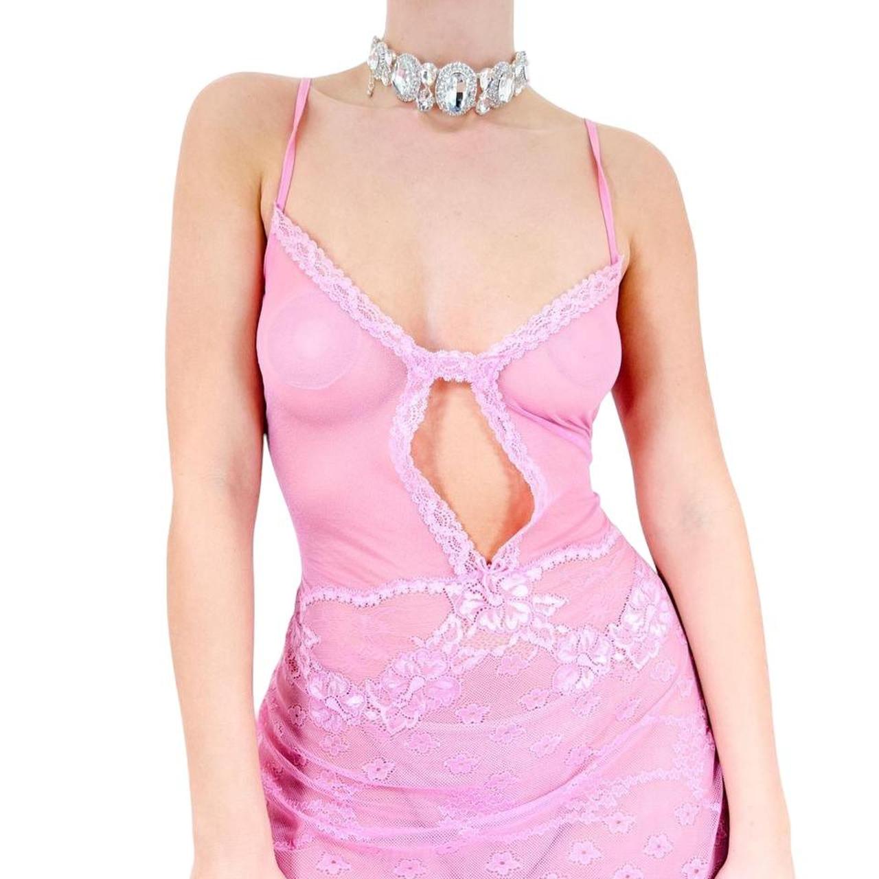 Y2k Vintage Pink Floral Lace Sheer V-Neck Keyhole Slip Dress [L]