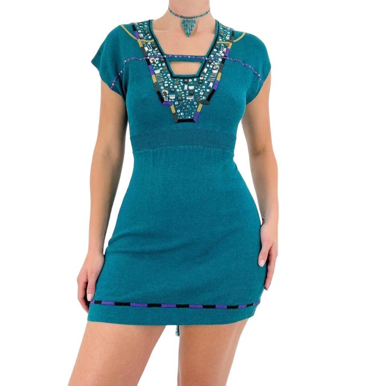 Nanette Leopore Teal Blue Knit Short Sleeve Dress w/ Silver Sequin Details + Tie Back [S]