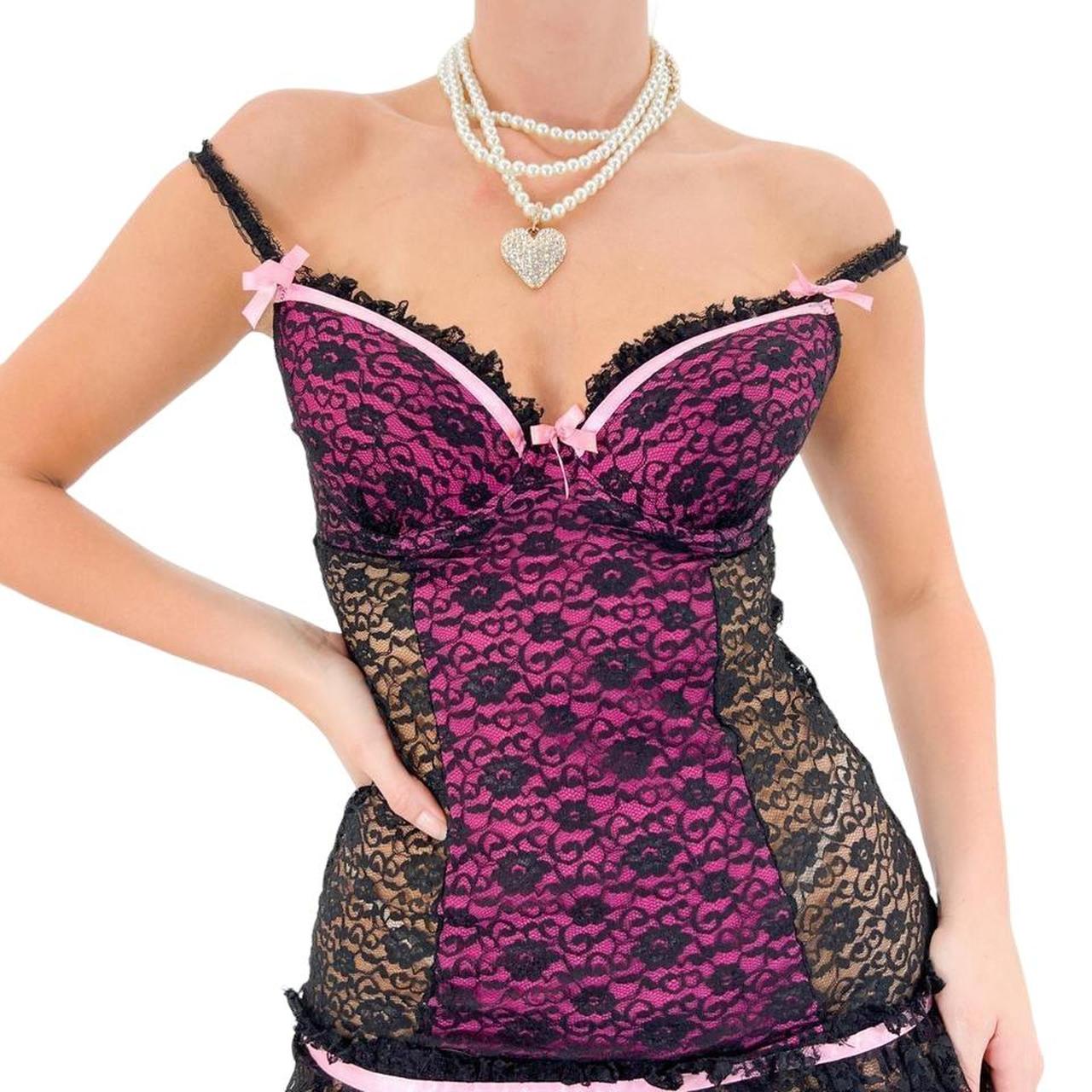 Y2k Vintage Victoria's Secret Pink + Black Floral Lace Bodycon Dress w/ Ruffle Hem [S]