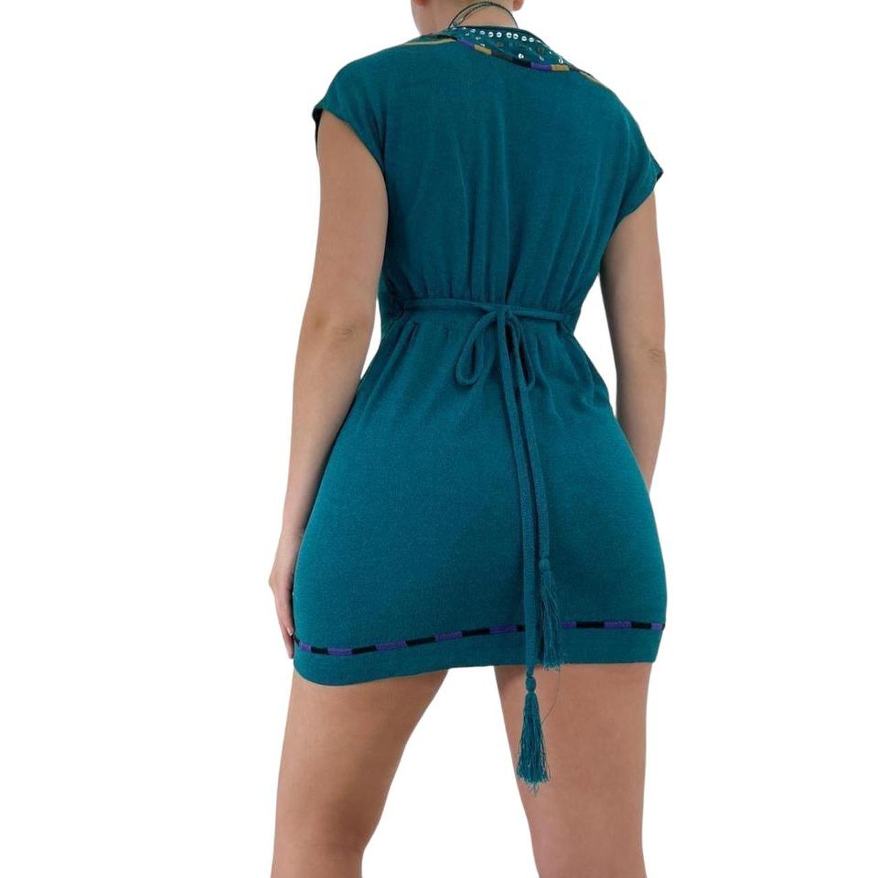 Nanette Leopore Teal Blue Knit Short Sleeve Dress w/ Silver Sequin Details + Tie Back [S]
