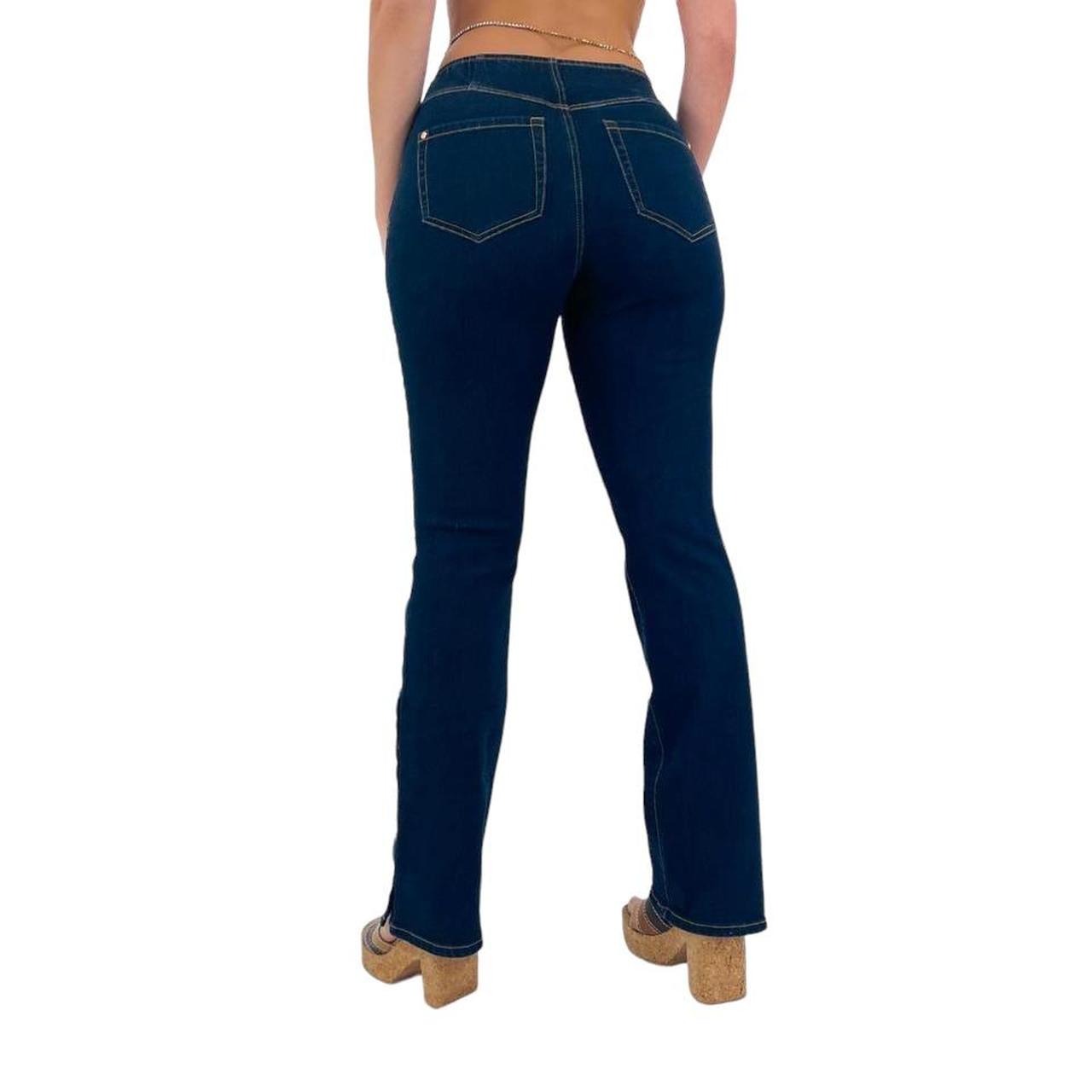 Y2k Vintage Dark Denim Stretchy High-Waisted Pants w/ White Stitching + Gold Buttons [M]