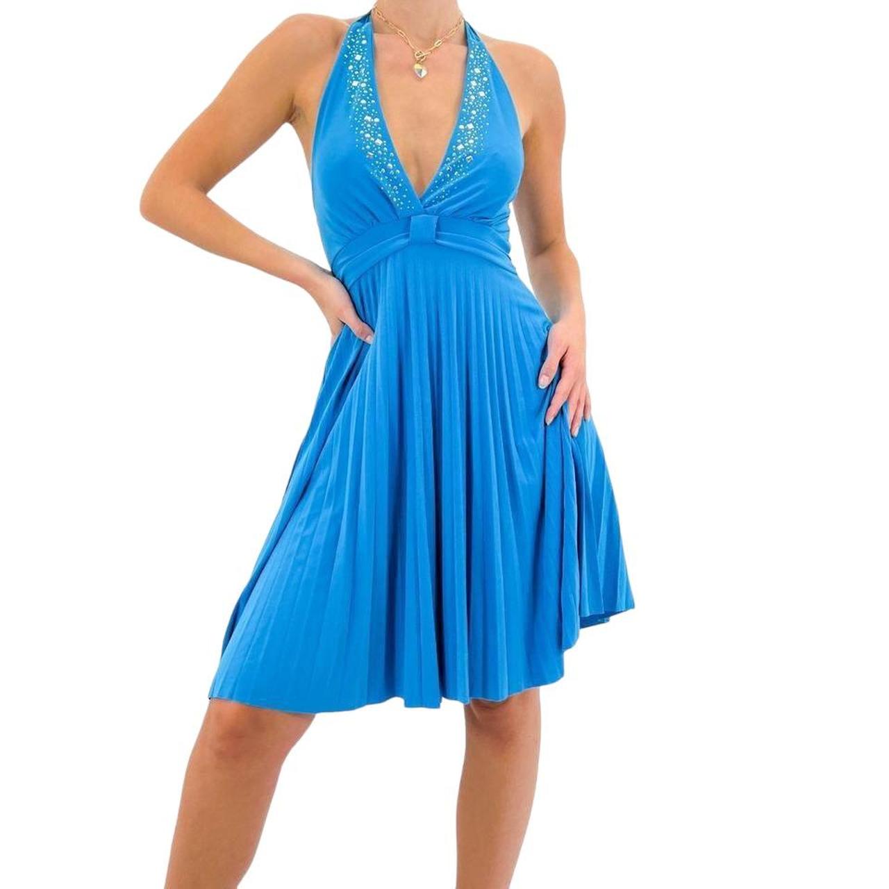 Y2k Vintage Blue V-Neck Dress w Silver Studs + Pleated Hem [S]