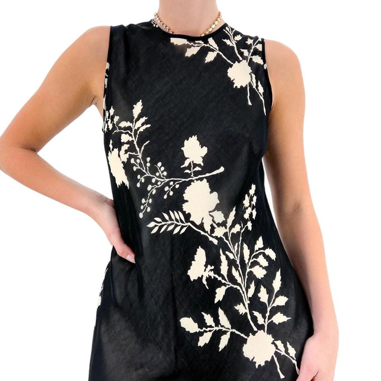 90s Vintage Black + Ivory Floral Print Sleeveless Dress [S]