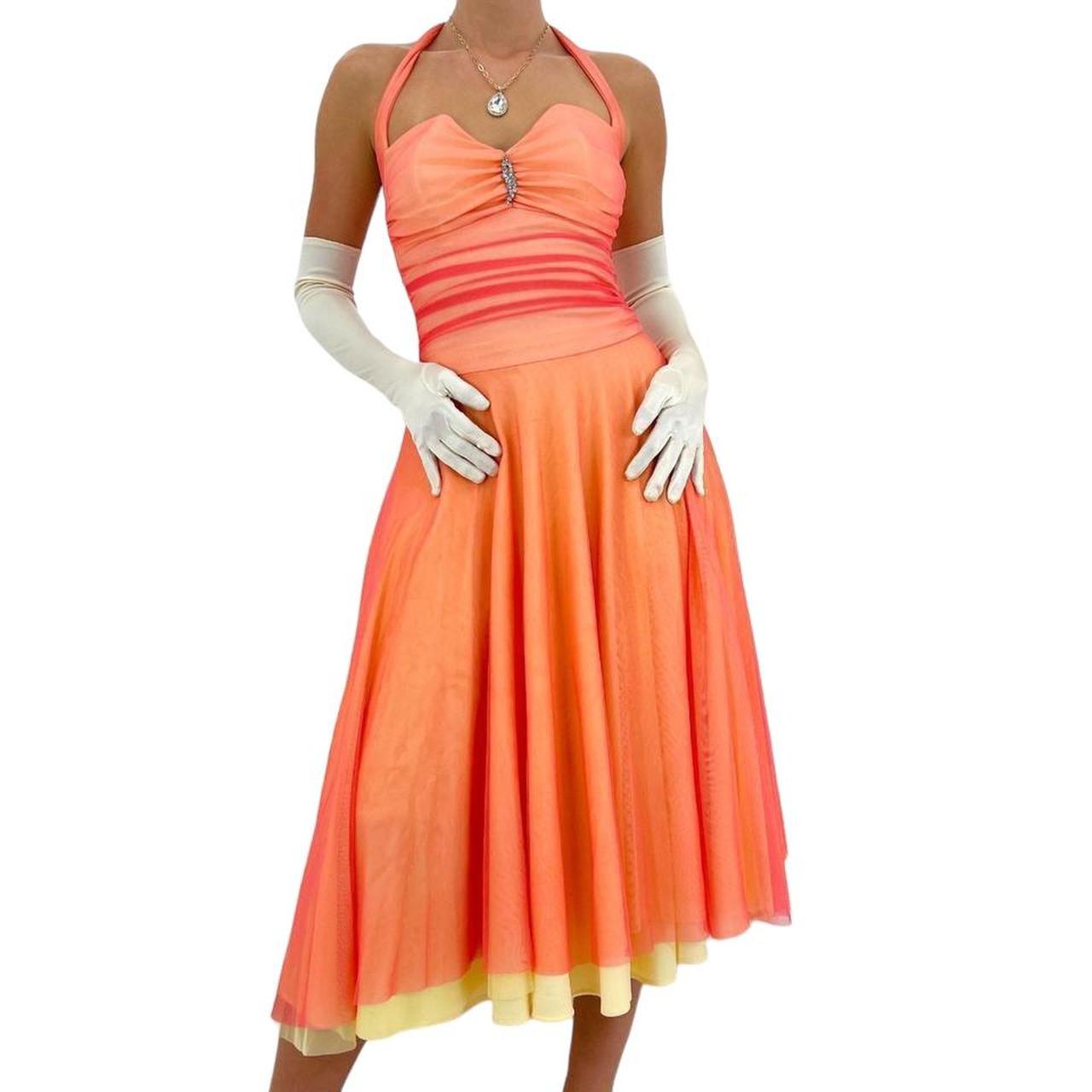 Y2k Vintage Orange + Yellow Formal Mesh Layered Dress w/ Silver Hardware [XS-S]