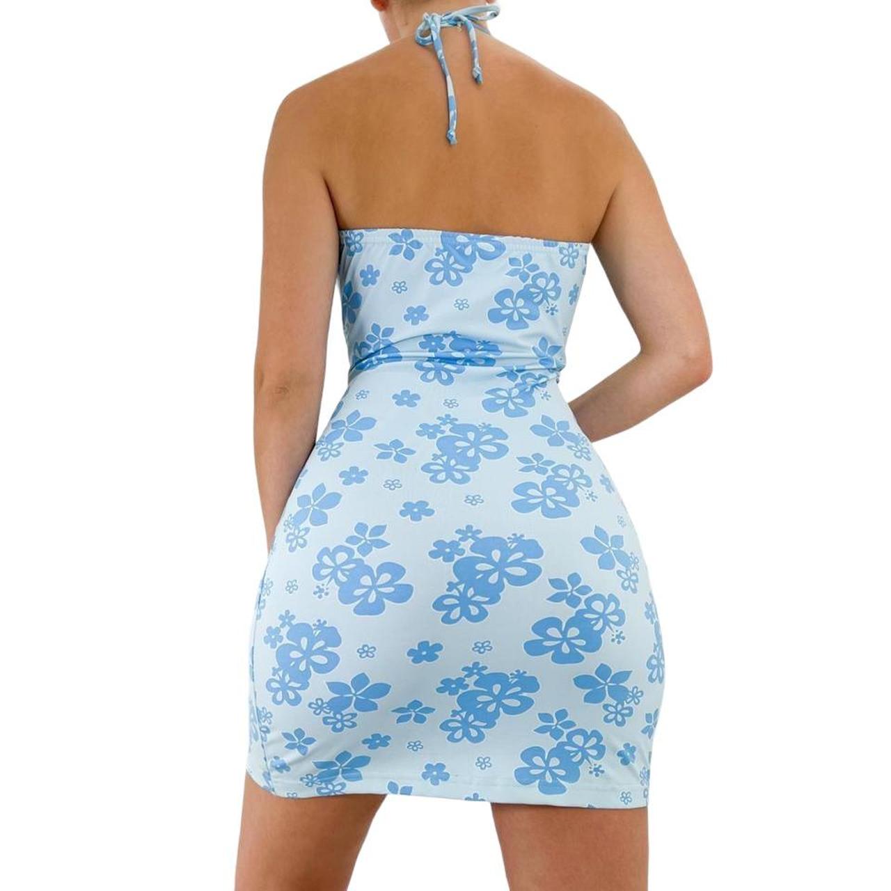 Y2k Vintage Light Blue Floral Print Halter Bodycon Dress [M]