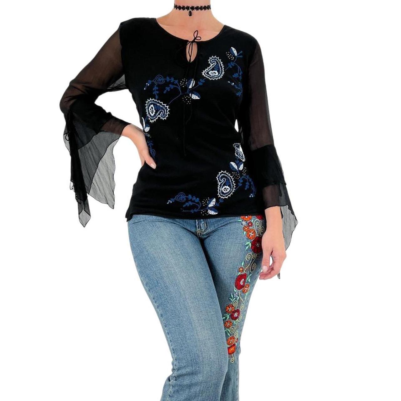 Y2k Vintage Black + Blue floral Embroidered Top w/ Sheer Butterfly Sleeves [S]